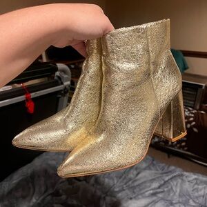 ShuShop Metallic Gold Pointed Toe Ankle Boot with Block Heel